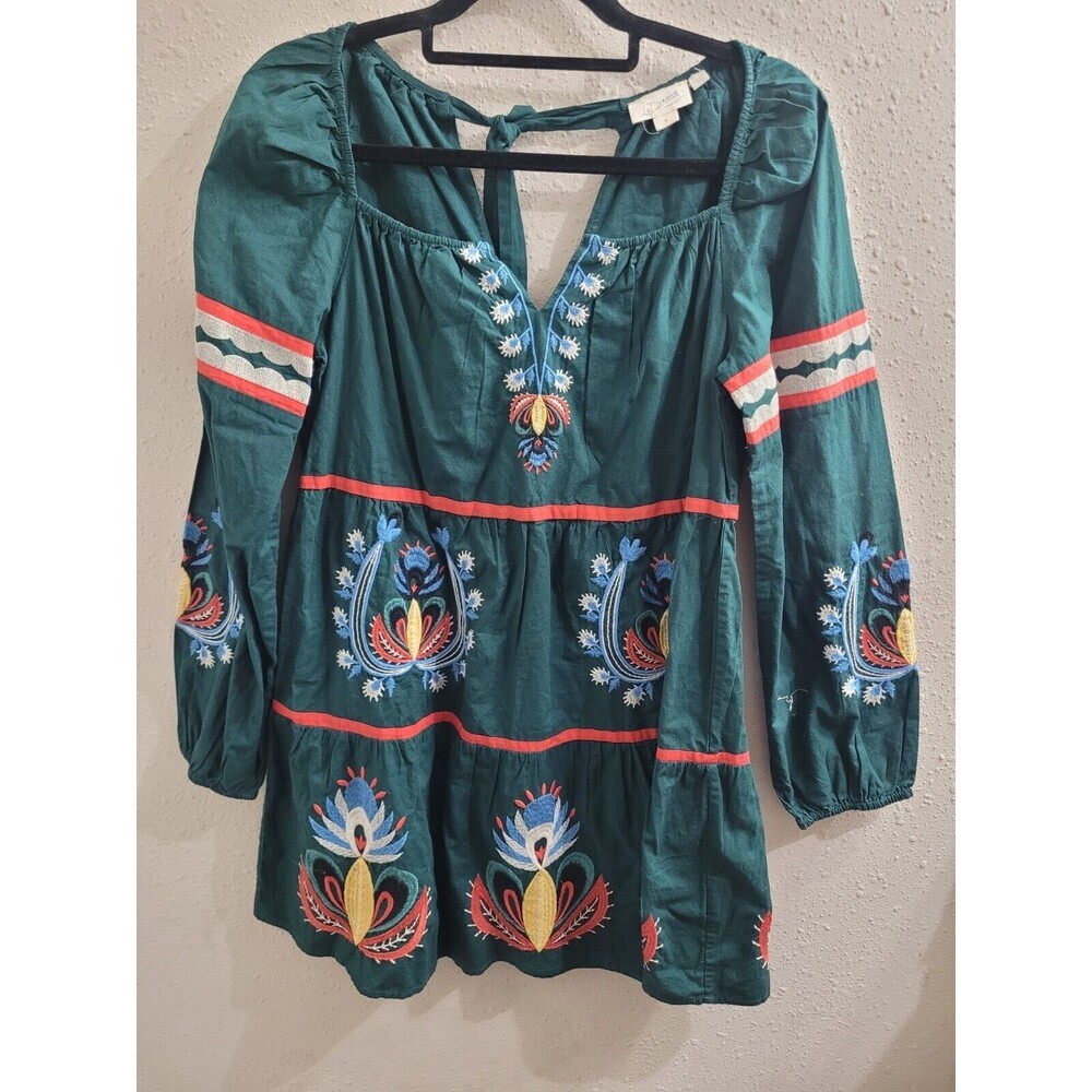 Anthropologie Let Me Be Green Embroidered Mini Tunic Dress Tie Back Sz S Boho